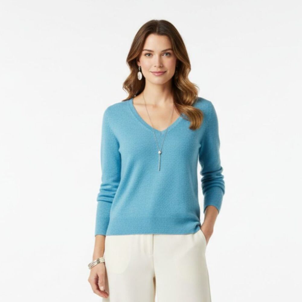 Ann Taylor Women's 100% Cashmere Blue V Neck Long Sleeve Sweater XS